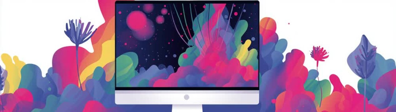 Vibrant digital artwork showcasing a computer surrounded by colorful abstractions.