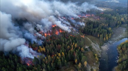 Fototapeta premium Aerial View of Forest Fire Spreading Through Dense Trees and Smoke Across Landscape with River and Flames in Autumn Season