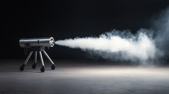 fumigator. A professional silver fumigator emitting white vapor in a clean setting. safety posters, maintenance manuals, designed for industrial assembly lines and welding operations.