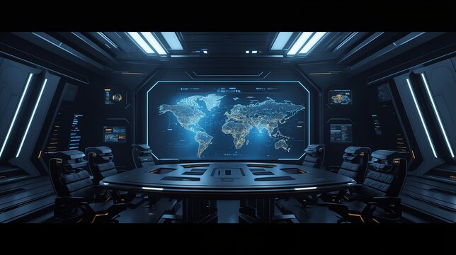 Futuristic 3D holographic city map in dark command center