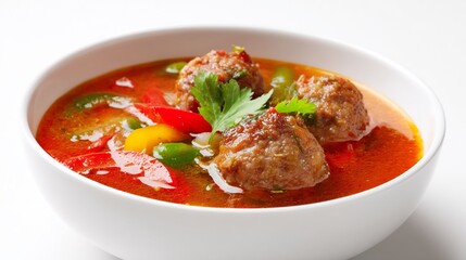 Fototapeta premium Mexican Albondigas Soup with Meatballs, Colorful Vegetables, and Fresh Cilantro