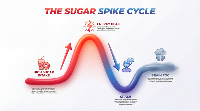 Sugar spike cycle explains energy. Health infographic traces sugar rise from intake to peak, crash, brain fog, showing sugar response pattern for diet coaching, glucose insight, balanced eating habits