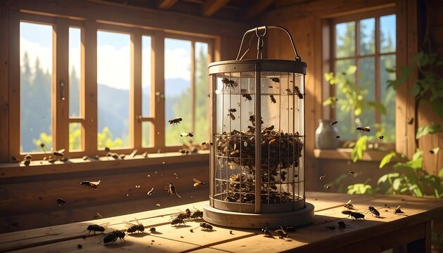 A bee catcher on a wooden table by a window with bees