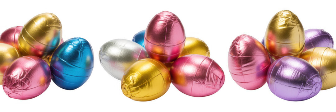 Colorful metallic easter eggs shiny reflective isolated on a transparent background