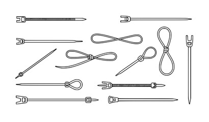 Zip tie icons black and white cable fastening vector illustration set © Hazara