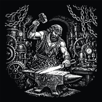 God Hephaestus Forging Metal at Anvil Illustration, Greek Mythology Blacksmith Engraving Vector, Industrial Craftsmanship Scratchboard Art