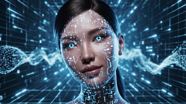 Abstract digital portrait of a human face avatar integrated with artificial intelligence neural network and glowing cybernetic grid pattern in a 4K futuristic high resolution concept.