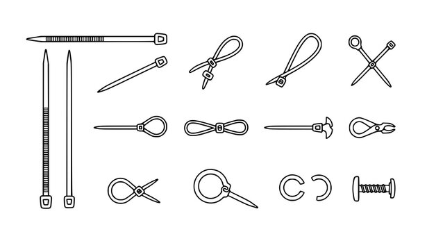 Zip tie cable tie icon set black white fastening tool vector illustration
