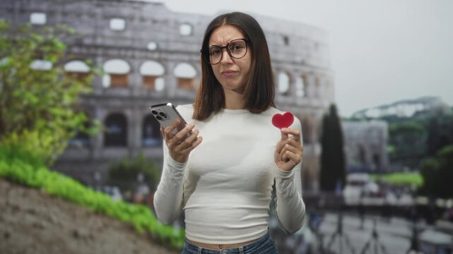 Young woman holding red heart and smartphone, frowning while showing the heart in front of building; romance doubt disappointment.