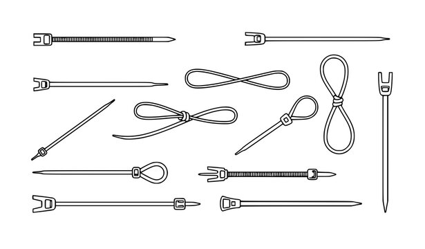 Zip tie icons black and white cable fastening vector illustration set