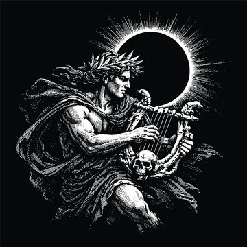 God Apollo Playing Lyre Under Solar Eclipse Illustration, Greek Mythology Sun Deity Engraving Vector, Artistic Scratchboard Art for Music Design