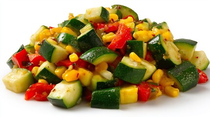 Colorful sauteed calabacitas with zucchini, corn, and red bell peppers on white background