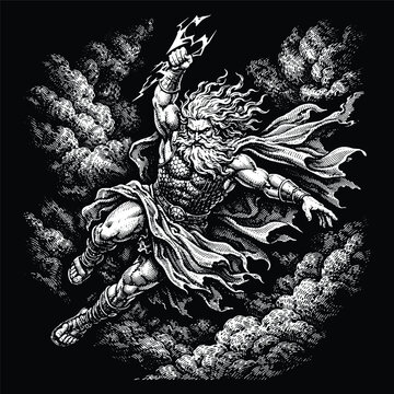 King God Zeus Throwing Lightning Bolt from Clouds Illustration, Greek Mythology Engraving Vector, Olympic Deity Scratchboard Art for T-shirt Design