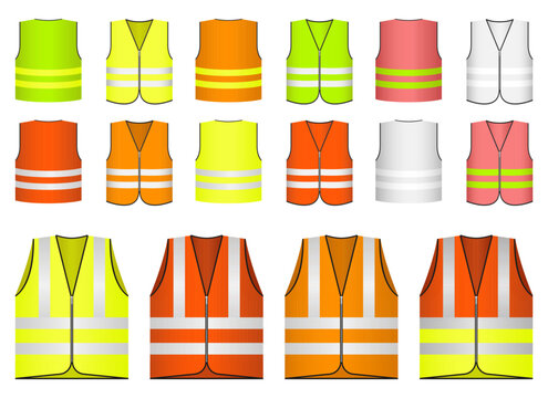 Collection of colorful safety vests with reflective stripes for protection.