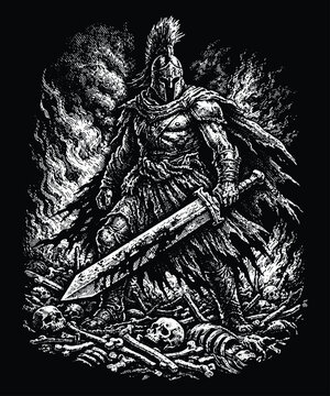 Ares God of War Standing on Battlefield, Greek Mythology Soldier Engraving Vector Illustration, Heroic Scratchboard Art for Fitness and T-shirt Design