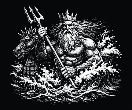 God Poseidon with Trident in Stormy Ocean, Greek Mythology Neptune Engraving Vector, Scratchboard Sea Monster and Wave Illustration
