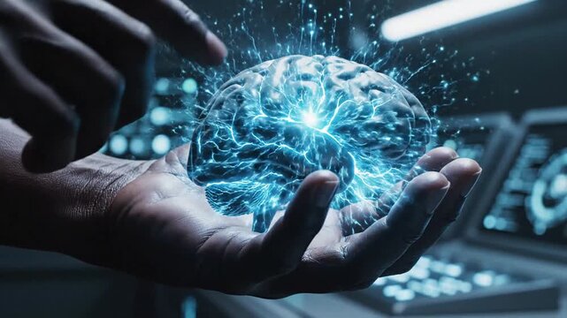 Human hand cradling a luminous digital glowing brain model, representing artificial intelligence, neural networking, mental health, cognitive science, and futuristic bioengineering concept.