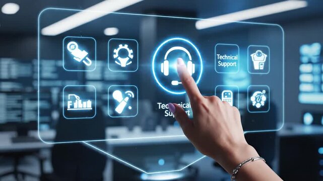 Close up of human hand touching digital technical support icon on glowing futuristic virtual interface providing customer service assistance and online help in a high-tech corporate environment