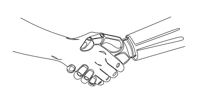 A human hand and a robotic hand are engaged in a handshake, both rendered in continuous black line art on a white background.