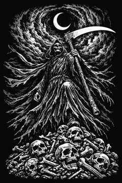 Grim Reaper Death with Scythe on Pile of Skulls, Dark Gothic Engraving Vector Illustration, Horror Scratchboard Art for Metal Band Merchandise