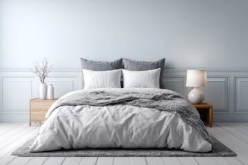 Obraz premium Minimalist bedroom with white bedding and a textured throw blanket.