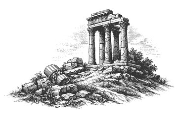 Obraz premium Historical Engraving Style Vector Illustration of Ancient Greek Temple Ruins on a Hill for Travel History and Archaeological Education Design