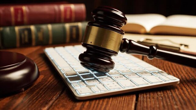 Wooden gavel placed on a modern computer keyboard representing digital law, cyber justice, internet regulation, electronic legal system, and forensic technology in a contemporary courtroom.