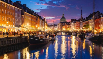 Obraz premium A serene canal scene at dusk with boats and buildings