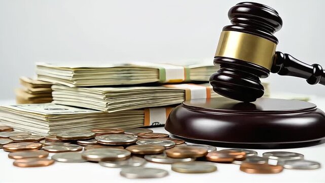 Legal decisions influencing financial landscapes A wooden gavel rests beside large stacks of dollar bills and a scattering of various coins