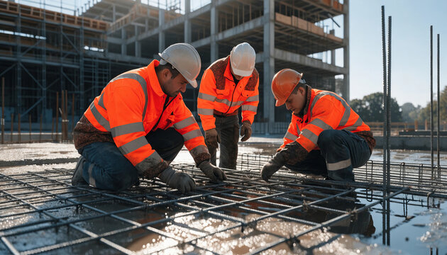 Construction worker safety helmet hi vis jacket steel rebar concrete teamwork building site engineering daytime reflection construction worker safety helmet hi vis jacket steel rebar concrete