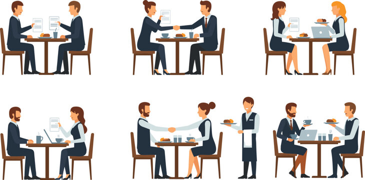Business Meeting and Dining Scenes Vector Illustration Set with Professionals Discussing Work, Lunch Meetings, Restaurant Conversations, and Corporate Interaction Situations