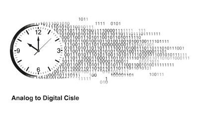 Analog Clock Turning into Digital Binary Code Vector Graphic with 'Analog to Digital Cisle' Text © Divya