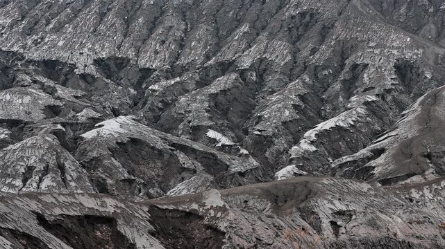 Wide shot of Volcanic Erosion Gullies on Mount Bromo Slopes, Bromo Tengger Semeru National Park, East Java Indonesia