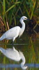 Naklejka premium A white bird stands in shallow water with reflection