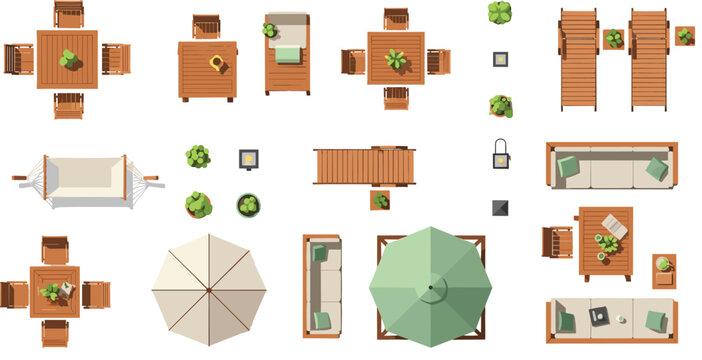 Outdoor cafe furniture top view vector set with tables, chairs, umbrellas and terrace layout, restaurant seating illustration