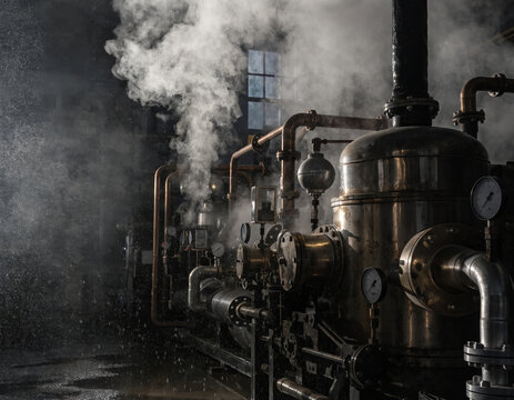 Steam industrial machinery pipe factory steam powered machinery metal equipment fog pressure gauge valve vintage boiler dark workshop window water spray atmospheric moody scene