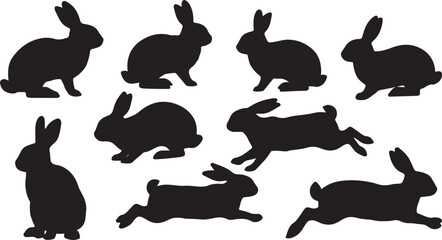 Set of 9 black rabbit silhouettes vector isolated on Transparent Background