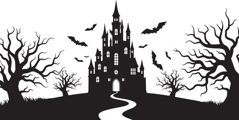 Halloween castle vector silhouette with trees and bats isolated on Transparent Background © Ripon islam rana