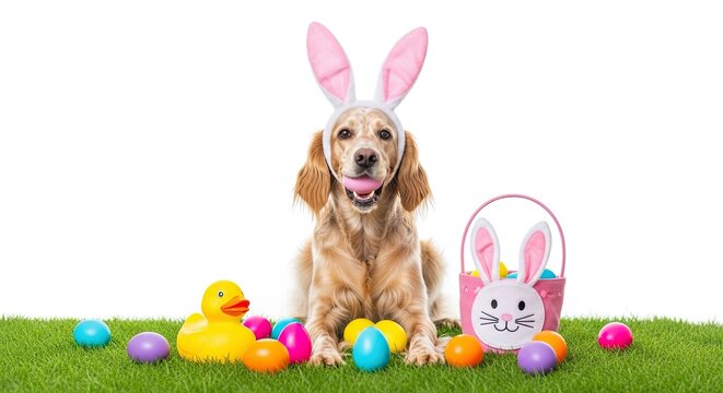 Easter dog bunny fun a dog in bunny ears with easter eggs and toys