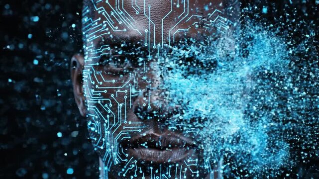 Abstract digital human face representing artificial intelligence via cybernetic dispersion dissolve and data disintegration with glowing neural network particle in high resolution visualization.