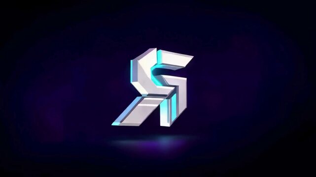 High-tech 3D animation of a metallic letter R logo with glowing neon blue accents and glitch effects.