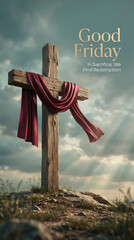 A rustic wooden cross adorned with a red cloth on a hill under a cloudy sky on good friday