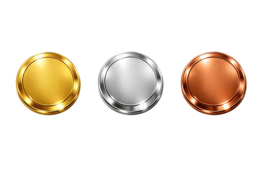 Set of three blank metallic coins in gold, silver, and copper colors, isolated on a white background, ideal for game design or financial concepts.