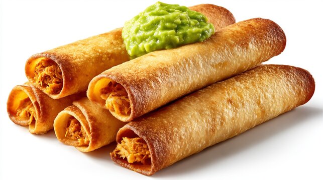 Crispy Mexican flautas filled with shredded chicken, served with vibrant green guacamole