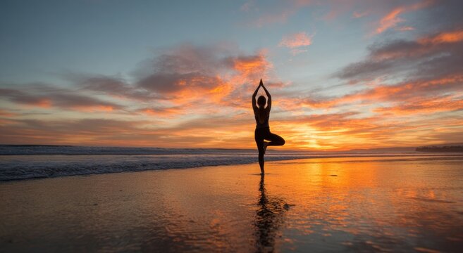A silhouette of a person practicing yoga on a beach at sunset, with vibrant colors reflecting on the water's surface.