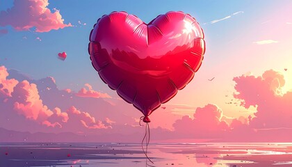 Fototapeta premium A large, red heart-shaped balloon floats gracefully in a vibrant, sunset-kissed sky. Small clouds are scattered around. The balloon is suspended over a reflective surface