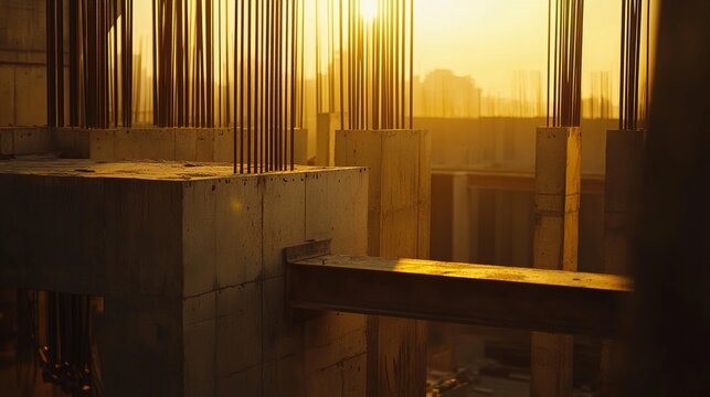 erection. Construction site featuring steel beams and concrete structures during golden hour, showcasing industrial aesthetics. safety posters.
