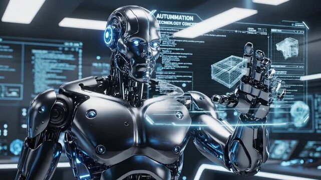 Futuristic humanoid cyborg showcasing sophisticated artificial intelligence microchip circuitry within transparent head, automation engineering and high-tech robotic innovation concept.