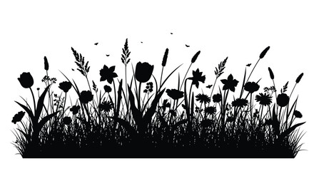 A vibrant field of wildflowers and grasses in dark silhouette © MdRabby