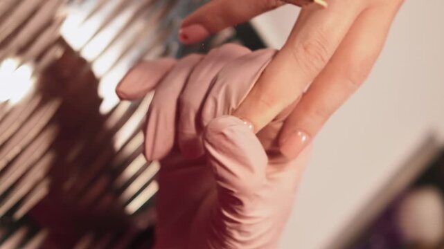Vertical video. Nail procedure. Salon treatment. Manicure woman master hands filing acrylic fingernails with professional emery board.